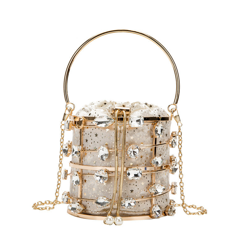 Metal Hollow Diamond Handbag Velvet Dinner Pearl Bracelet Bag