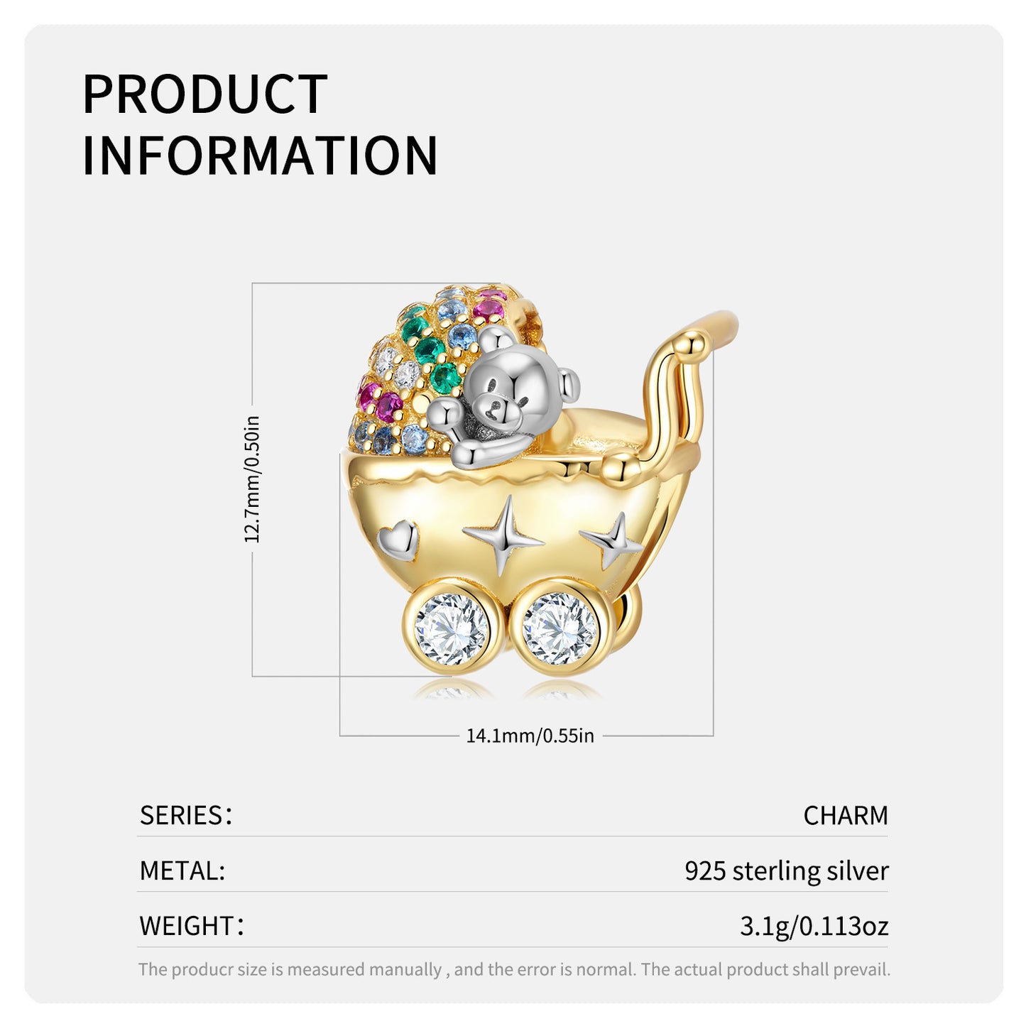 Lovely Bear Stroller 925 Sterling Silver Beads Mother's Day Bracelet Diy Beads Silver Accessories