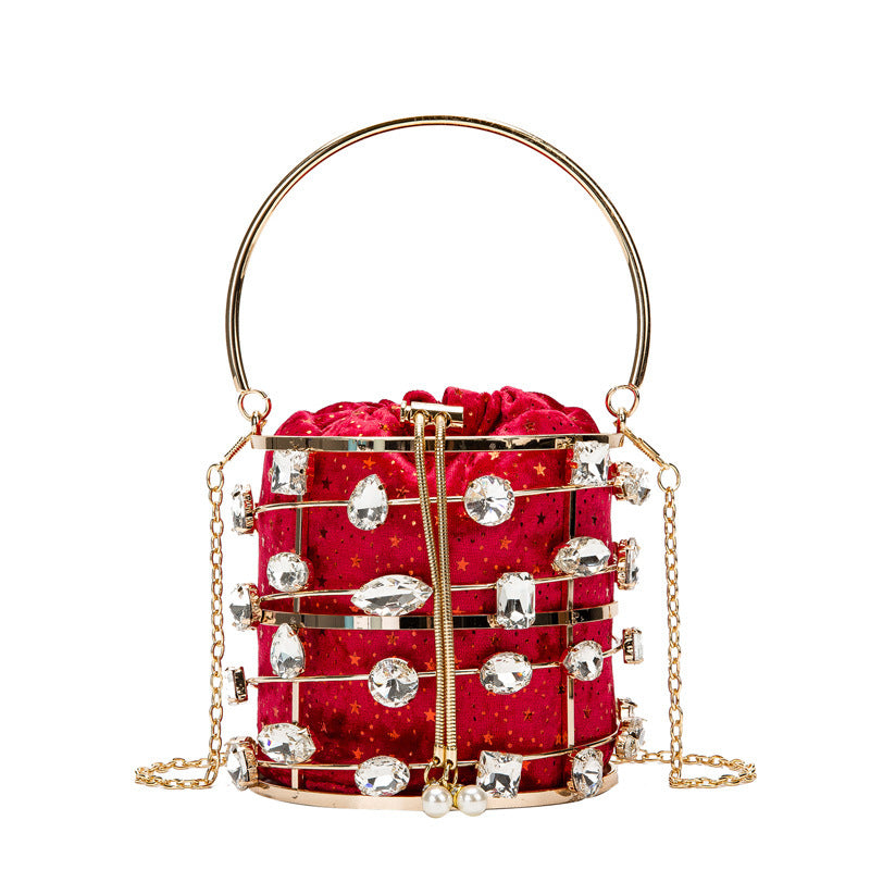 Metal Hollow Diamond Handbag Velvet Dinner Pearl Bracelet Bag