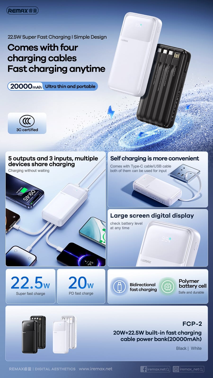 Portable Power Bank 20000mAh Large Capacity Fast Charging External Battery Comes with 4-Wire Charger PowerBank for IPhone Xiaomi