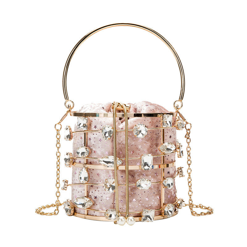 Metal Hollow Diamond Handbag Velvet Dinner Pearl Bracelet Bag