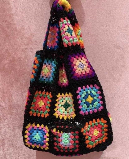 Grandmother Grid Hand Crochet Knitting Wool Bag
