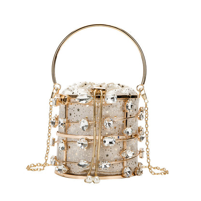 Metal Hollow Diamond Handbag  Velvet Dinner Pearl Bracelet Bag