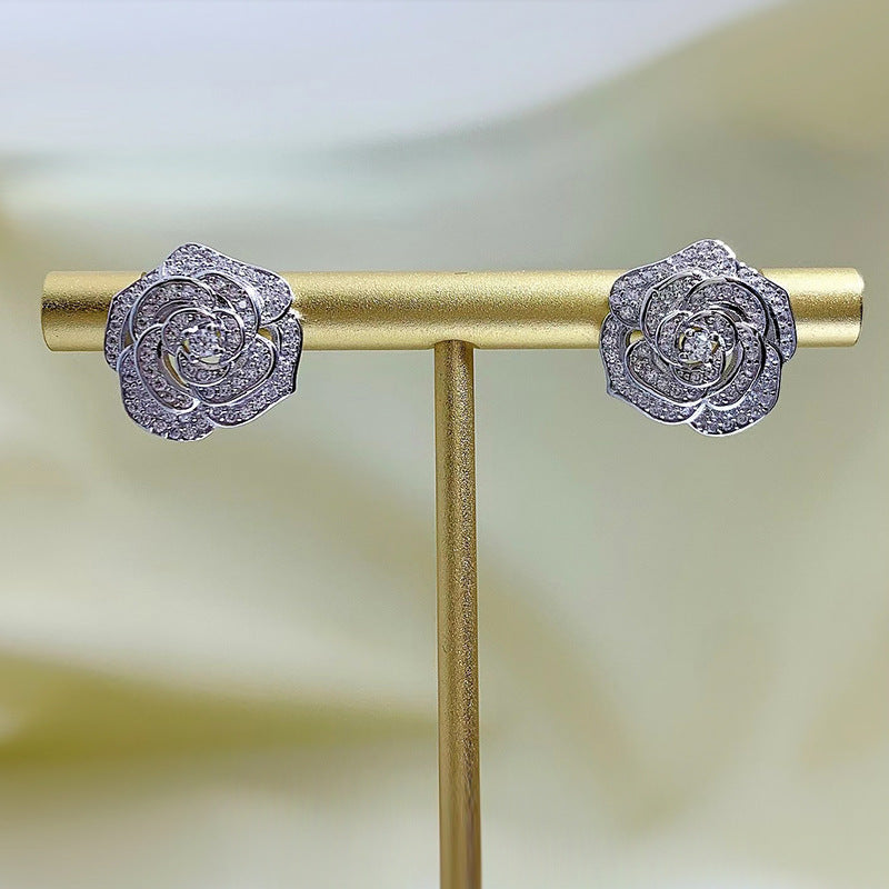 Women's 925 Silver Camellia Stud Earrings