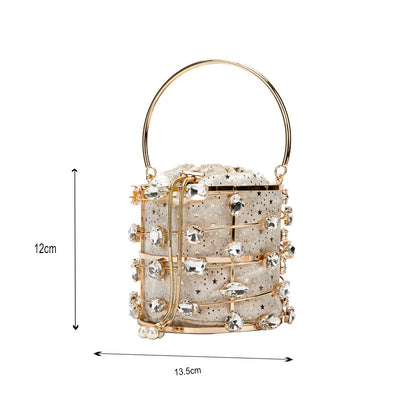Metal Hollow Diamond Handbag  Velvet Dinner Pearl Bracelet Bag