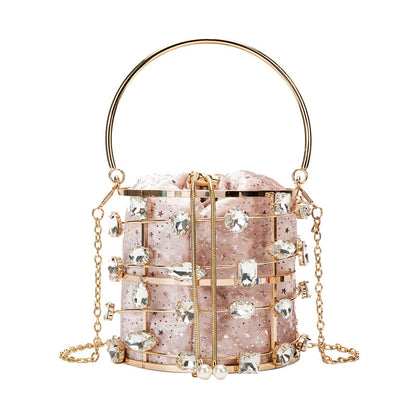 Metal Hollow Diamond Handbag  Velvet Dinner Pearl Bracelet Bag